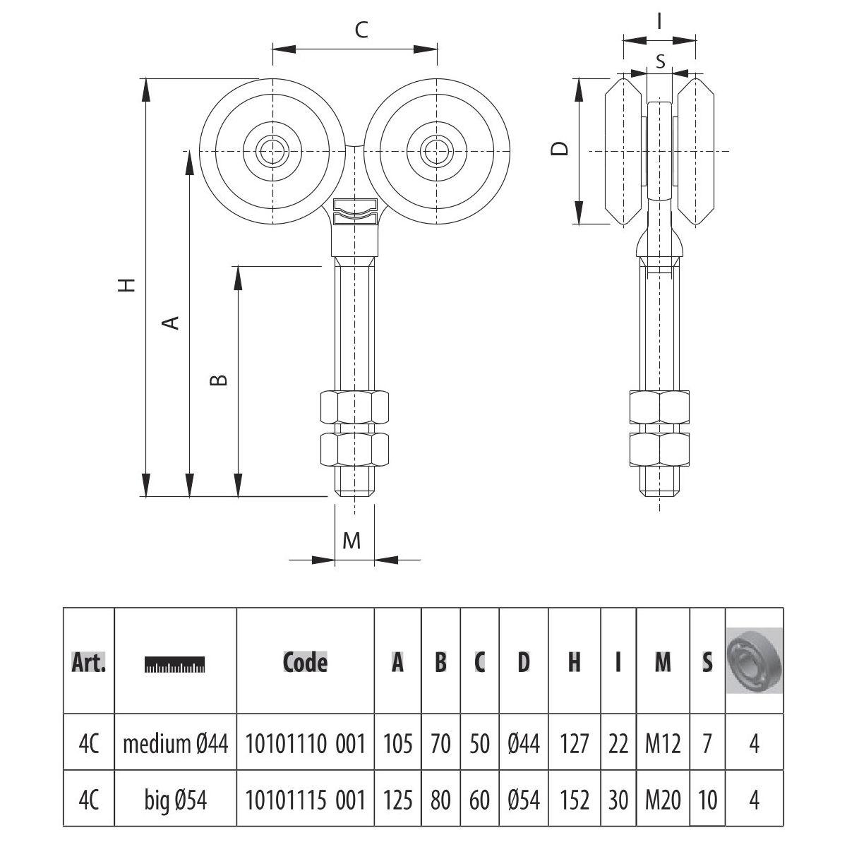Carrello 4 ruote medio ø 44 zincato 4c