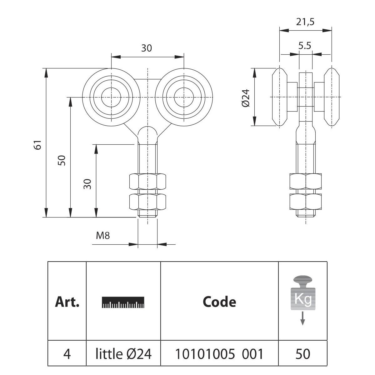 Carrello 4 ruote piccolo ø 24 zincato 4p