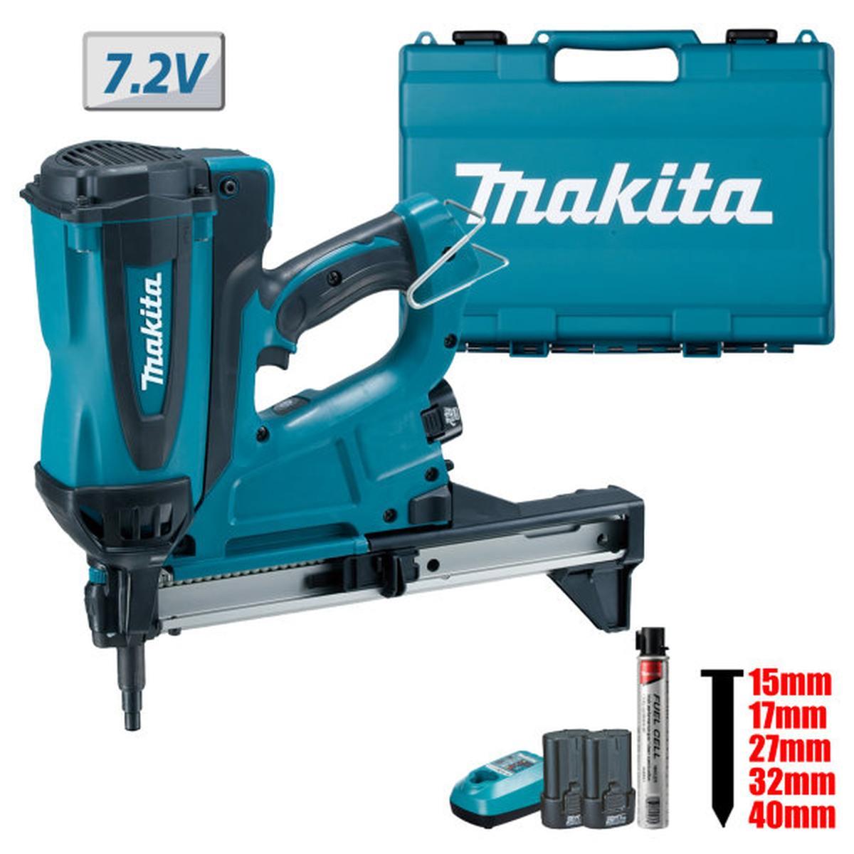 MAKITA CHIODATRICE A GAS PER CALCESTRUZZO GN420CLSE 15-40mm CON 2 BATTERIE 1Ah 7,2V