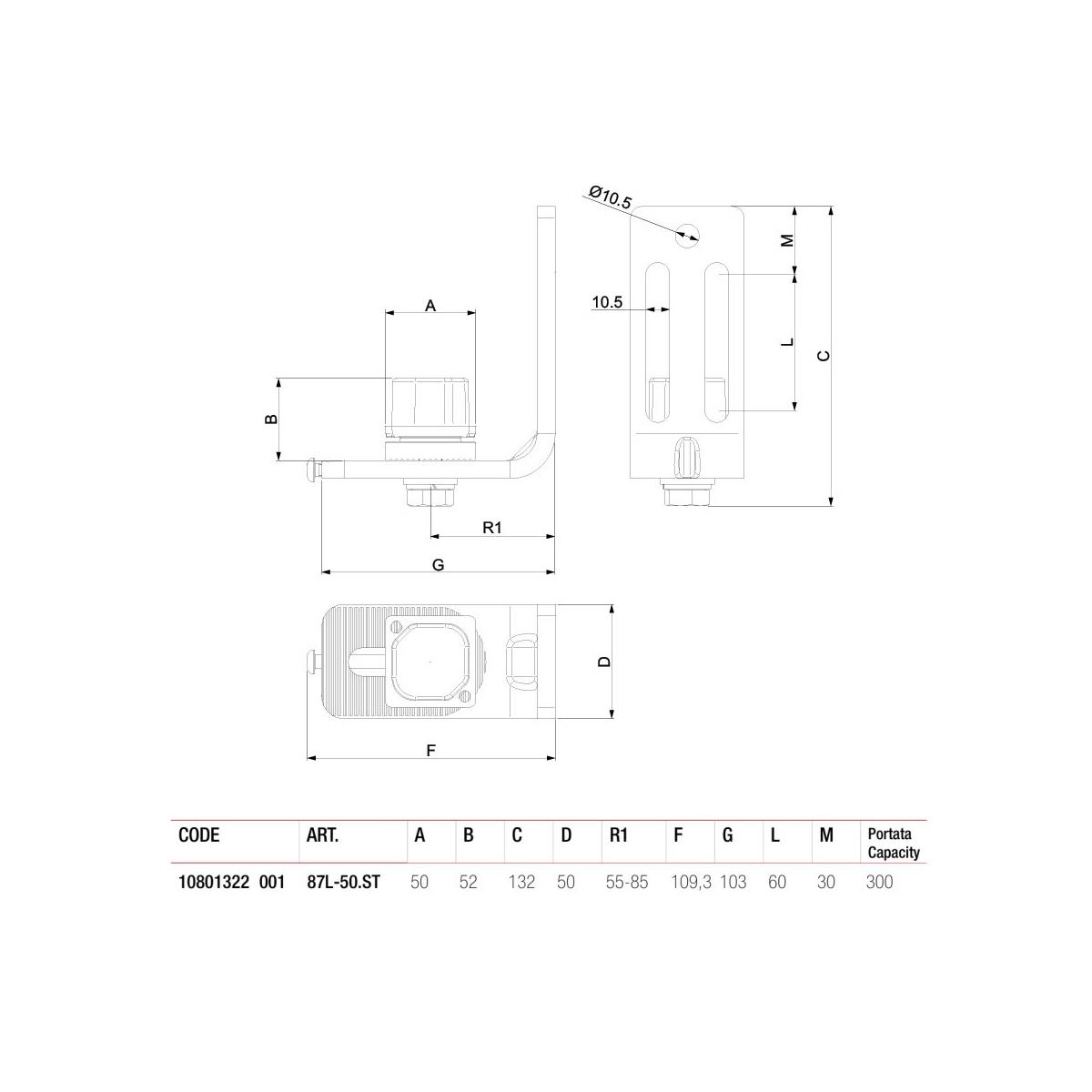 CARDINE INFERIORE REGOLABILE SEZIONE QUADRA 50mm  ART. 87L-50