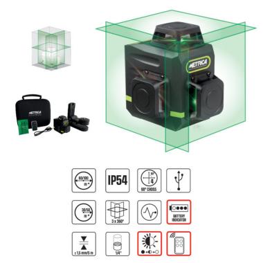 Metrica livella laser 3d green mini 360° orizzontale verticale 3 linee luce verde con batteria litio e cavo ricarica