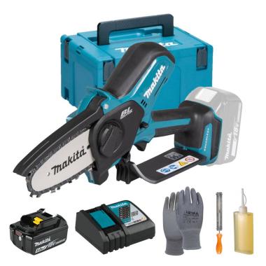 MAKITA MOTOSEGA A BATTERIA 18V 4" LUBRIFICATA OLIO DUC101RT1J CON VALIGIA MAKPAC 1 BATTERIA 5Ah BL1850B E CARICATORE DC18RC