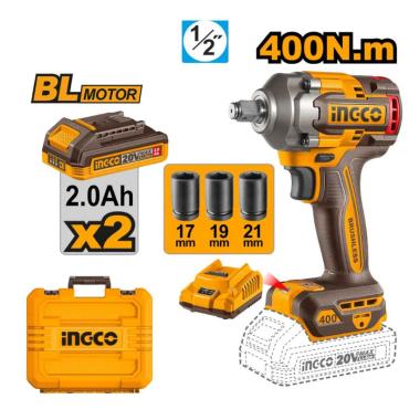 INGCO AVVITATORE AD IMPULSI 1/2" BRUSHLESS A BATTERIA 20V 400Nm CON 2 BATTERIE 2Ah CARICATORE E VALIGIA CIWLI2040E