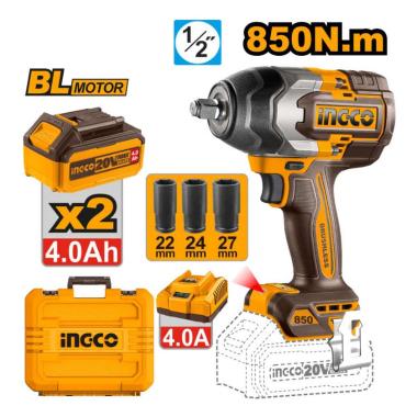 INGCO AVVITATORE AD IMPULSI 1/2" BRUSHLESS A BATTERIA 20V 850Nm CON 2 BATTERIE 2Ah CARICATORE E VALIGIA CIWLI2085E