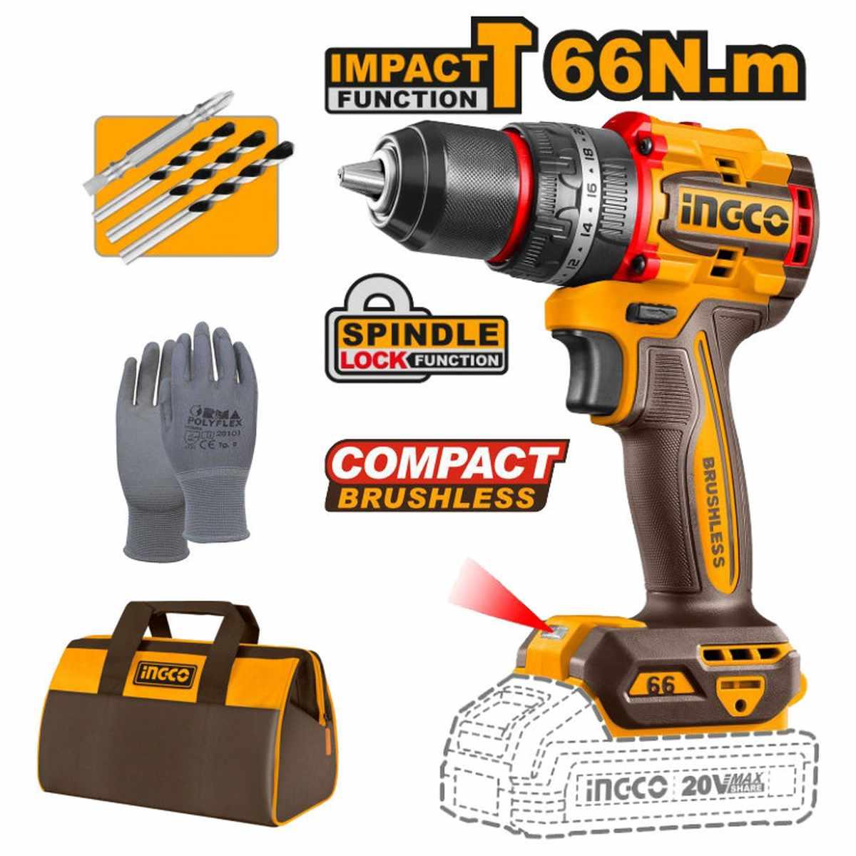 Ingco trapano a percussione a batteria 20v brushless cidli206681 solo corpo in borsa