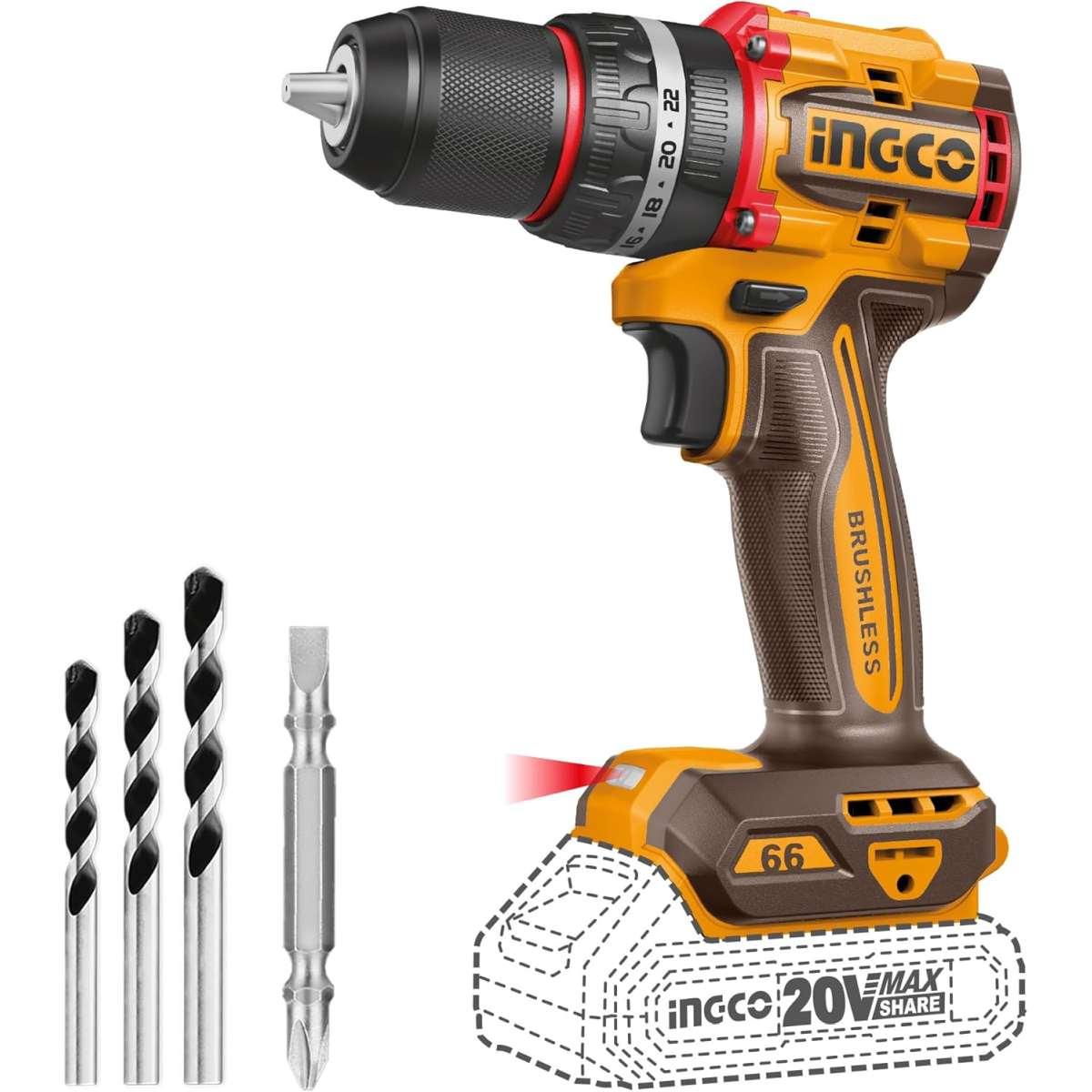 Ingco trapano a percussione a batteria 20v brushless cidli206681 solo corpo in borsa