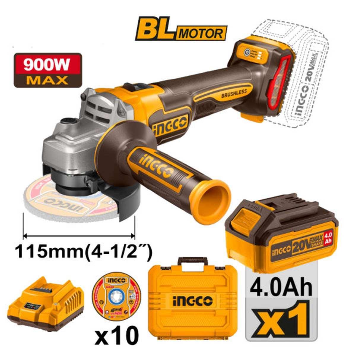 INGCO SMERIGLIATRICE A BATTERIA 20V CAGLI21154 IN VALIGIA CON 1 BATTERIA 4Ah E CARICATORE