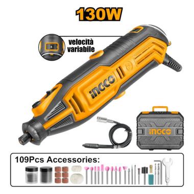 Ingco mini smerigliatrice flessibile a stelo 130w con 109 accessori