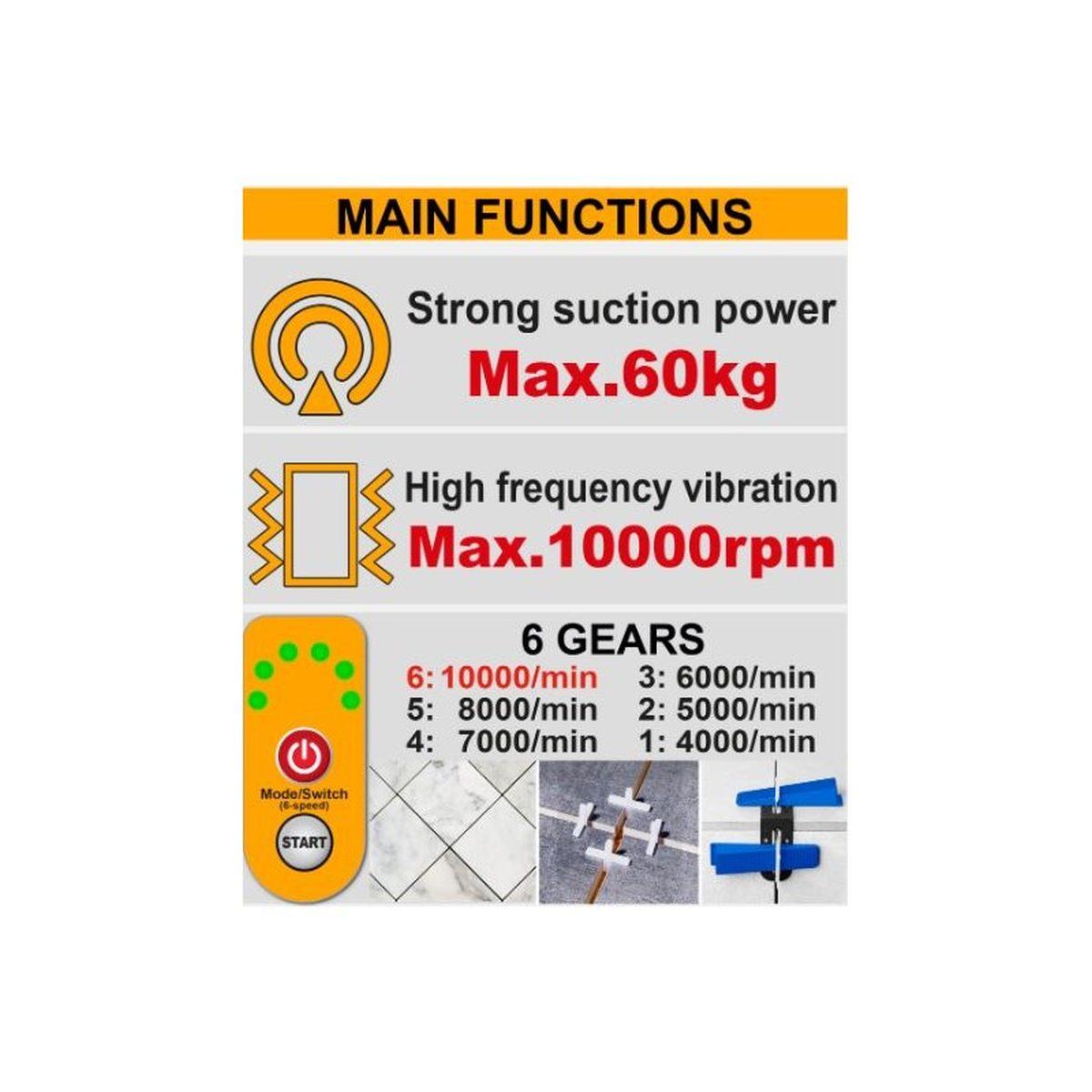 INGCO VENTOSA VIBRANTE ø 130mm PORTATA 60Kg A BATTERIA 60V IN VALIGIA CON CARICATORE E BATTERIA 2Ah