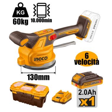 INGCO VENTOSA VIBRANTE ø 130mm PORTATA 60Kg A BATTERIA 60V IN VALIGIA CON CARICATORE E BATTERIA 2Ah