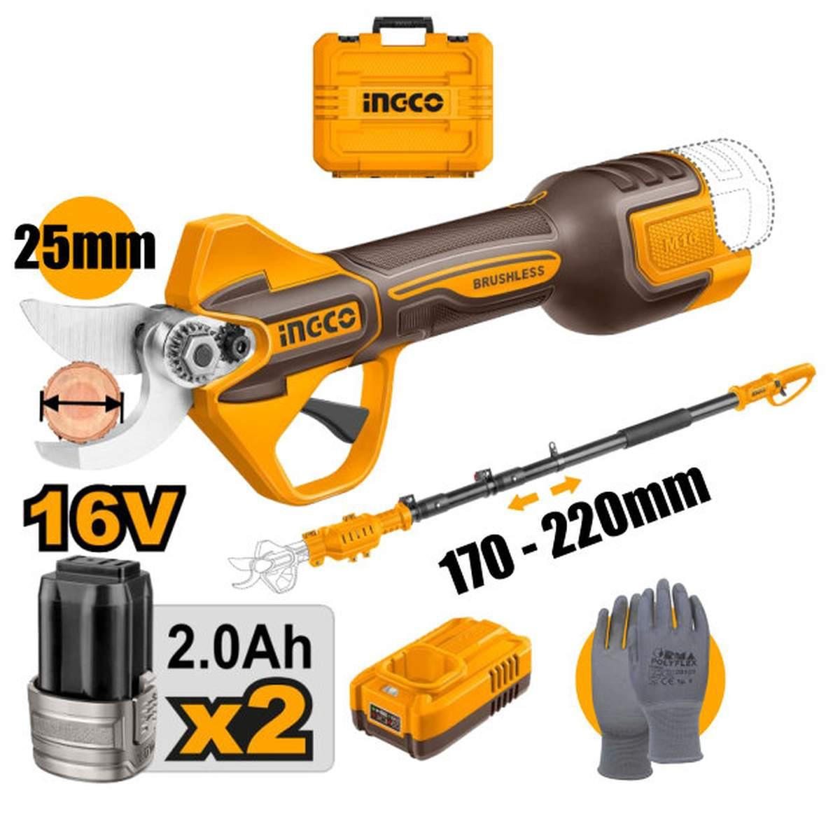 INGCO FORBICE DA POTATURA A BATTERIA 16V TAGLIO ø25mm CON ASTA TELESCOPICA 220cm