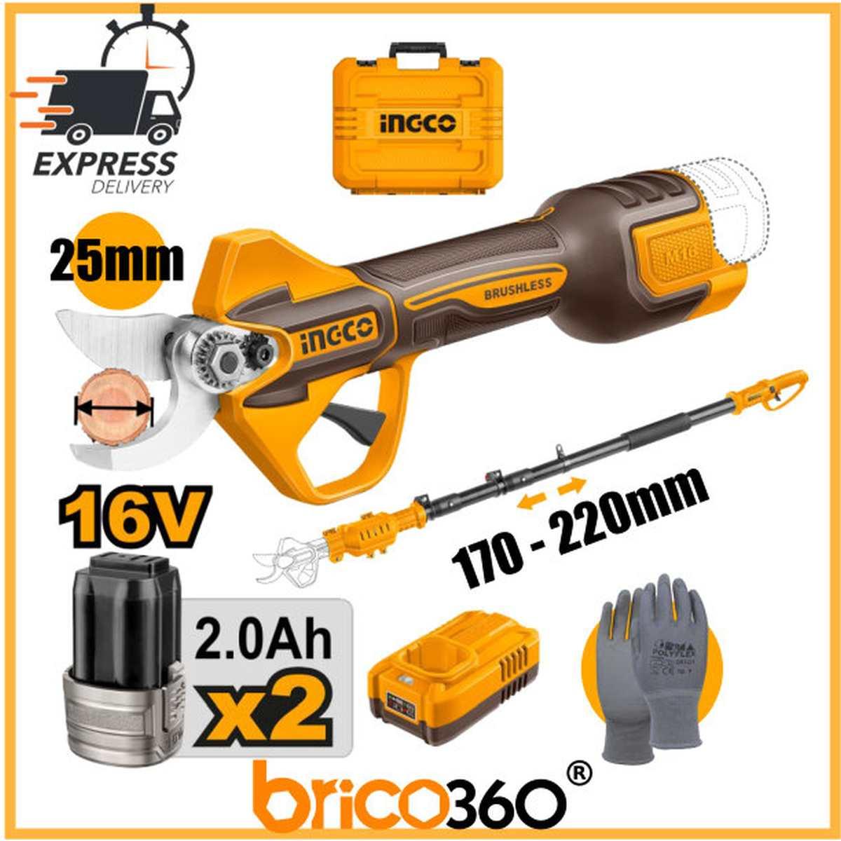 INGCO FORBICE DA POTATURA A BATTERIA 16V TAGLIO ø25mm CON ASTA TELESCOPICA 220cm